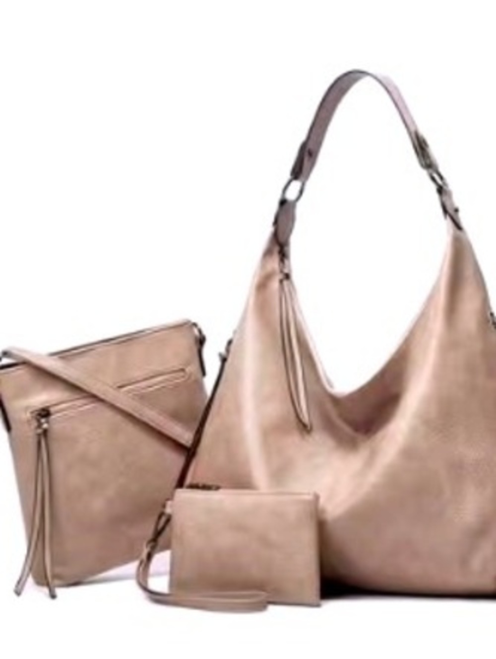 New -Gorgeous -3Pcs Faux Leather Hobo Bag Set -Beige